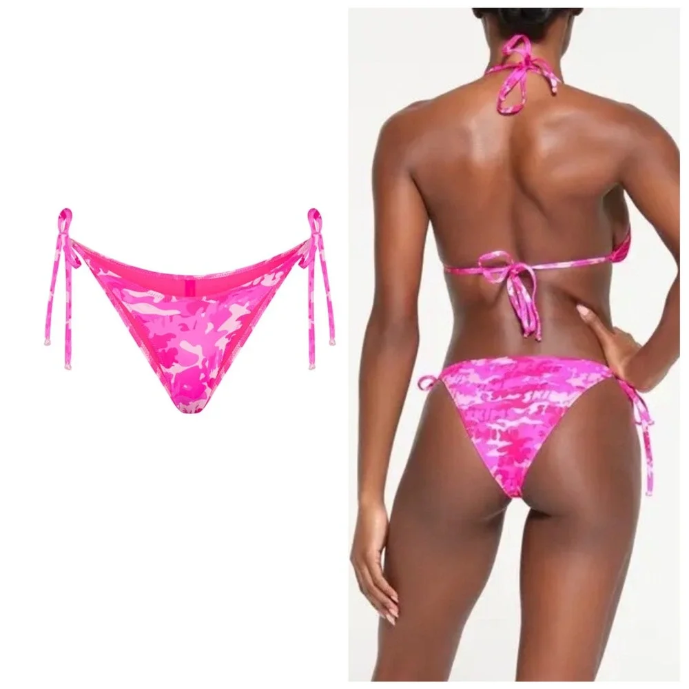 SKIMS Recycled Swim Dippy Tie Bottom Pink Camo SW-TBM-0797 Womens Size XS NEW